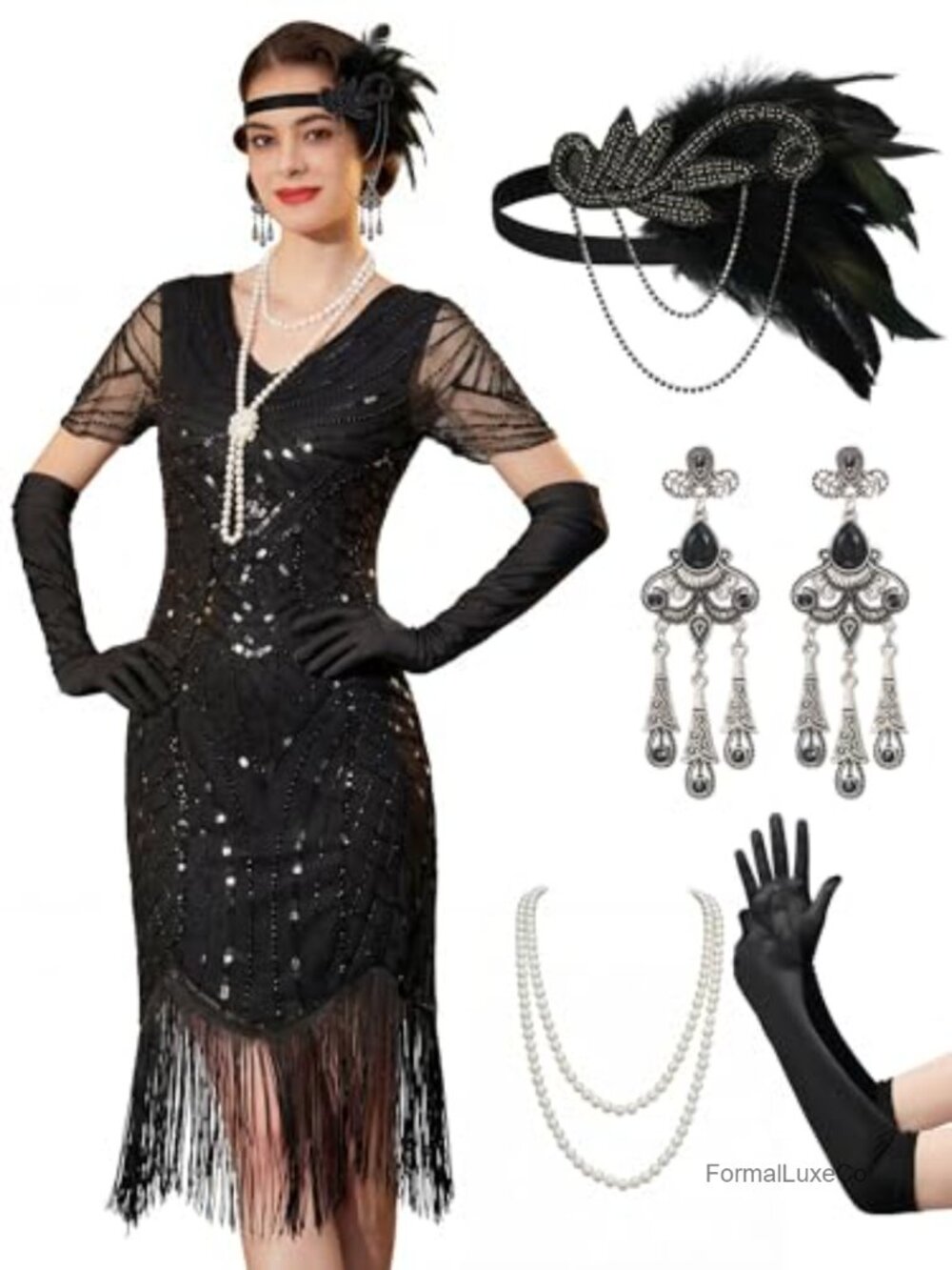 1920s Flapper Dress Set Beaded Fringe Gatsby Costume